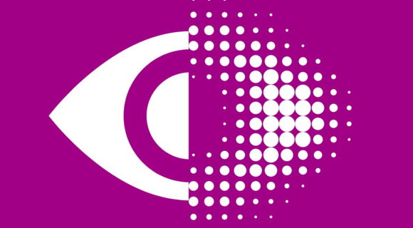 Auf purpurfarbenem Hintergrund prangt das Bildzeichen des DBSV in Weiß: Ein Auge, das auf der linken Seite scharf gezeichnet und auf der rechten Seite mit auslaufenden Punkten unscharf angedeutet ist.