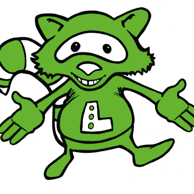 Das Maskottchen der blista „Louis“ ist in grün auf weißem Hintergrund: Es ist ein Waschbär mit einem Oberteil auf dem der Buchstabe „L“ steht. Es breitet die Arme auf.