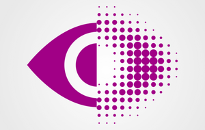 Ein purpurfarbenes Auge – halb scharf, halb unscharf und gerastert dargestellt.
