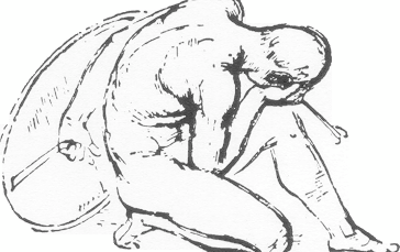 Logo vom Bund der Kriegsblinden Deutschlands: ein nackter Mann mit Schild in der Hand beugt sich zur Seite und bedeckt seine Augen.