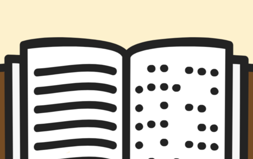 Eine stark vereinfachte Zeichnung eines Buches, auf der linken Seite deuten dicke Linien Schwarzschrift an, auf der rechten Seite stellen schwarze Punkte Brailleschrift dar.