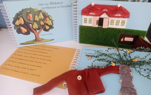 Seiten aus dem Ribbeck-Tastbuch: Birnbäume, ein großes Haus und ein kleiner Pullover sind zu erkennen.