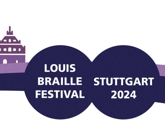 Eine graphische Darstellung der Stuttgarter Skyline mit markanten Punkten wie Fernsehturm und Mercedes Benz Arena. Auf zwei dunklen Kreisflächen steht "Louis Braille Festival - Stuttgart 2024!
