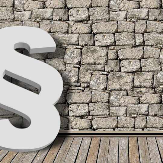 Ein weißer Paragraph vor einer groben, grauen Steinmauer.