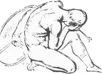 Logo vom Bund der Kriegsblinden Deutschlands: ein nackter Mann mit Schild in der Hand beugt sich zur Seite und bedeckt seine Augen.