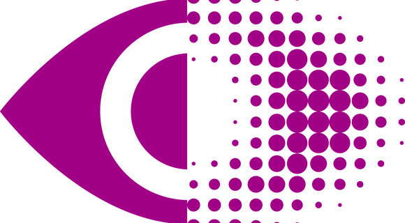 Ein purpurfarbenes Auge – halb scharf, halb unscharf und gerastert dargestellt.