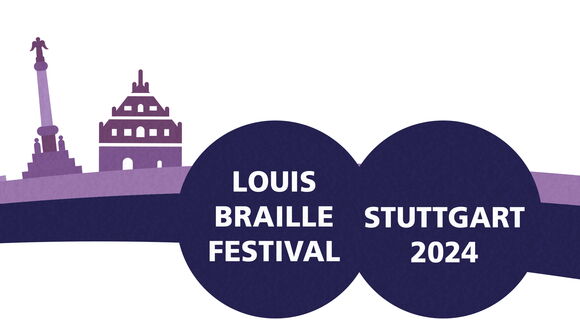 Eine graphische Darstellung der Stuttgarter Skyline mit markanten Punkten wie Fernsehturm und Mercedes Benz Arena. Auf zwei dunklen Kreisflächen steht "Louis Braille Festival - Stuttgart 2024!