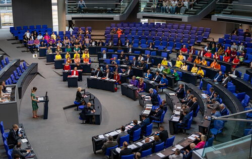 Das Bild zeigt den Plenarsaal des Bundestags von schräg oben. Die Abgeordneten sitzen im Halbrund um die Regierungsbank und das Rednerpult. Am Rednerpult steht eine junge Frau mit Pferdeschwanz in einem Sommerkleid mit floralen Elementen und Sandalen.