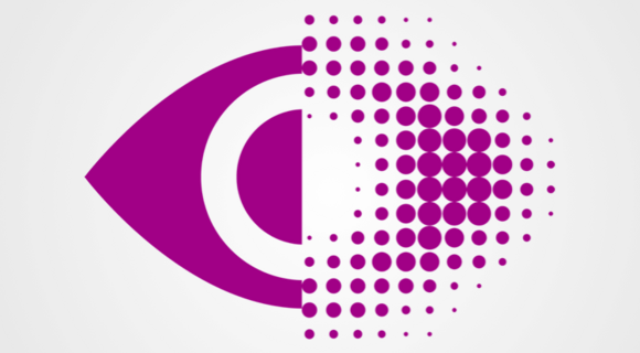 Ein purpurfarbenes Auge – halb scharf, halb unscharf und gerastert dargestellt.