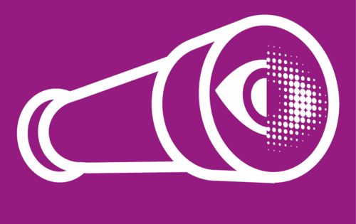 Ein Fernglas aus weißen Linien auf purpurnem Untergrund. Im Sucher das DBSV-Rasterauge, das auf einer Seite scharf, auf der anderen verschwommen ist.