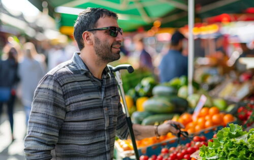 Ein Mann mit Sonnenbrille steht mit einem Langstock an einem Gemüsestand auf einem Wochenmarkt. Er wirkt entspannt und freundlich.