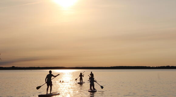 Auf einem See im untergehenden Sonnenlicht, stehen drei Personen auf Stand-up-Paddling-Boards. Sie halten Stechpaddel in den Händen. Sie sind im Gegenlicht nur schemenhaft zu erkennen.