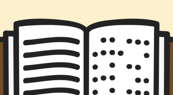 Eine stark vereinfachte Zeichnung eines Buches, auf der linken Seite deuten dicke Linien Schwarzschrift an, auf der rechten Seite stellen schwarze Punkte Brailleschrift dar.