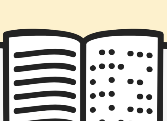 Eine stark vereinfachte Zeichnung eines Buches, auf der linken Seite deuten dicke Linien Schwarzschrift an, auf der rechten Seite stellen schwarze Punkte Brailleschrift dar.
