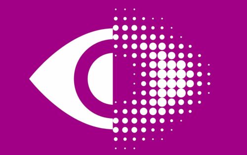 Auf purpurfarbenem Hintergrund prangt das Bildzeichen des DBSV in Weiß: Ein Auge, das auf der linken Seite scharf gezeichnet und auf der rechten Seite mit auslaufenden Punkten unscharf angedeutet ist.