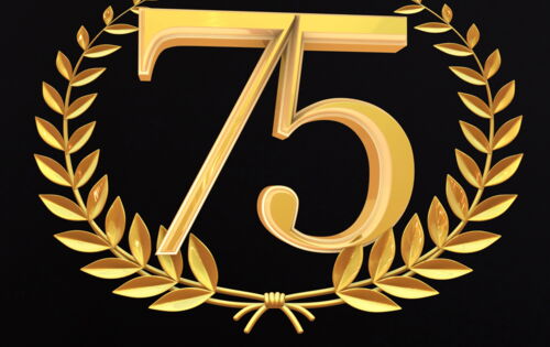 Eine 75 in einem goldenen Zweigkranz. Der Hintergrund ist komplett schwarz