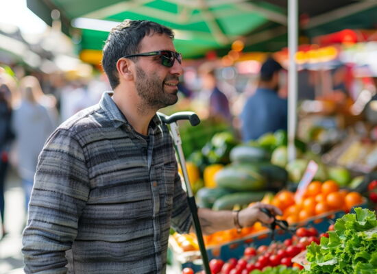 Ein Mann mit Sonnenbrille steht mit einem Langstock an einem Gemüsestand auf einem Wochenmarkt. Er wirkt entspannt und freundlich.