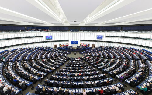 Ein Blick von schräg oben auf das Europäische Parlament in Straßburg: Abgeordnete sitzen  an langen Tischreihen, die ein Halbrund bilden. Strahlenförmig  dazwischen verlaufen Gänge. Auf den Tischen liegen Unterlagen.