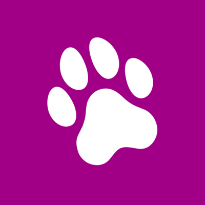 Der weiße Abdruck einer Hundepfote auf purpurnem Untergrund.