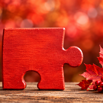 Ein rotes Puzzleteil, daneben liegen kleine, rote Beeren an einem Zweig und ein Herbstblatt.
