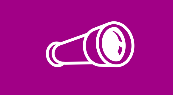 Das Symbol eines Fernglases mit weißen Konturen auf purpurnem Untergrund.