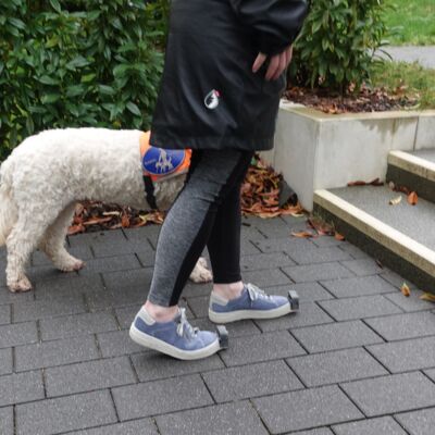 Die Testerin, von der nur die untere Körperhälfte zu sehen ist, geht auf einige Treppenstufen zu. Sie trägt die InnoMake-Schuhe. An ihrer linken Seite geht ein blonder Blindenführhund mit Freizeitkenndecke.