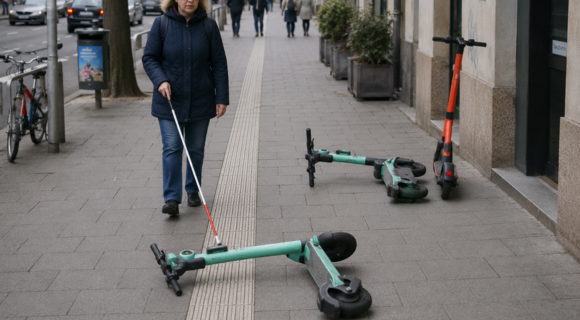 Eine Frau mit Langstock und Sonnenbrille folgt einer weißen Leitlinie, auf der ein E-Roller liegt. Am Gehwegrand befinden sich zwei weitere Roller.