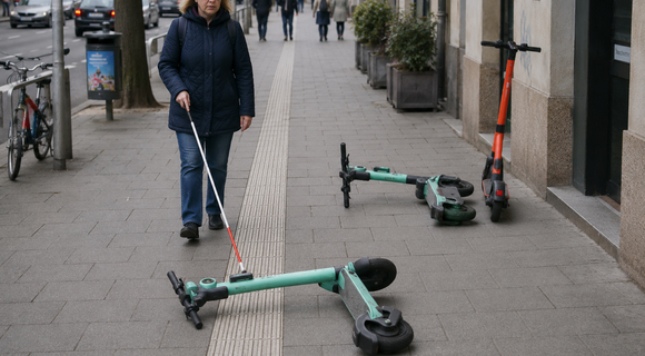 Eine Frau mit Langstock und Sonnenbrille folgt einer weißen Leitlinie, auf der ein E-Roller liegt. Am Gehwegrand befinden sich zwei weitere Roller.