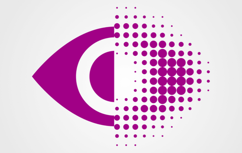 Ein purpurfarbenes Auge – halb scharf, halb unscharf und gerastert dargestellt.