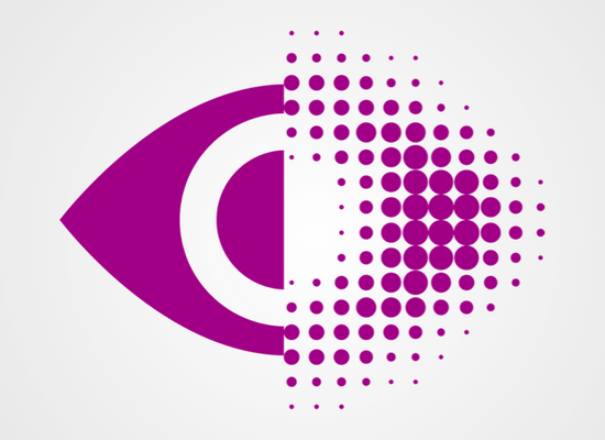 Ein purpurfarbenes Auge – halb scharf, halb unscharf und gerastert dargestellt.
