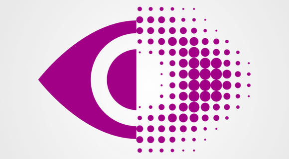 Ein purpurfarbenes Auge – halb scharf, halb unscharf und gerastert dargestellt.