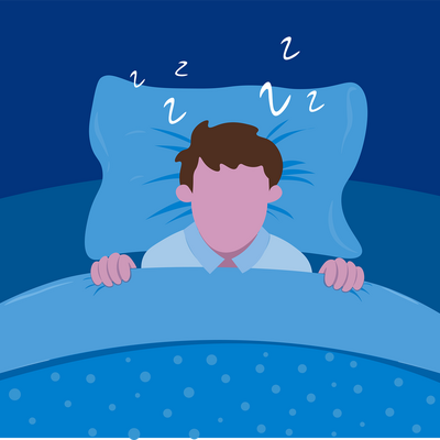 Grafik von einem schlafenden Menschen in blauen Tönen. Er liegt auf einem Kissen, die Decke ist nach oben gezogen. Über seinem Kopf verdeutlichen „zzzz“-Symbole, dass er oder sie schläft.