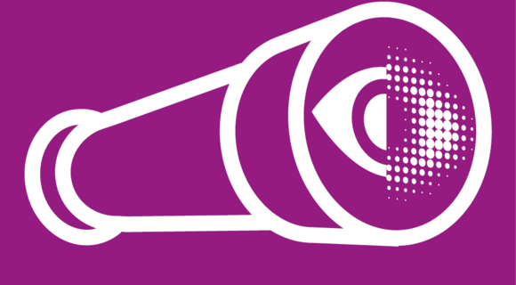 Ein Fernglas aus weißen Linien auf purpurnem Untergrund. Im Sucher das DBSV-Rasterauge, das auf einer Seite scharf, auf der anderen verschwommen ist.