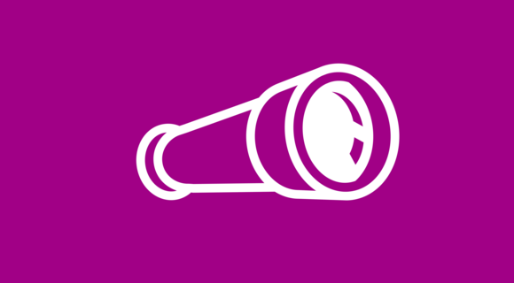 Das Symbol eines Fernglases mit weißen Konturen auf purpurnem Untergrund.