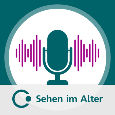 Logo des "Übers Ohr"-Podcasts: In einem weißen Kreis auf petrol-farbenem Hintergrund prangt ein Mikrofon mit durch Striche angedeutete Schallwellen rechts und links. Darunter steht "Sehen im Alter" auf einer hellgrauen Fläche.