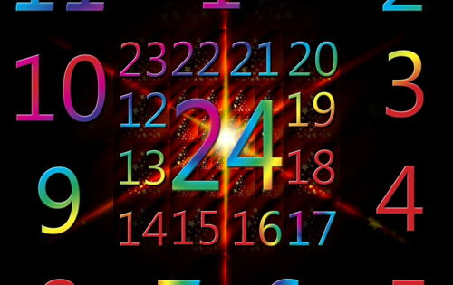Auf schwarzem Untergrund erscheinen die Ziffern von 1 bis 24 in bunten Farben. Die 24 ist genau in der Mitte mit einem Glanzlicht erhellt.