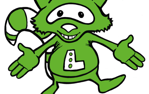 Das Maskottchen der blista „Louis“ ist in grün auf weißem Hintergrund: Es ist ein Waschbär mit einem Oberteil auf dem der Buchstabe „L“ steht. Es breitet die Arme auf.