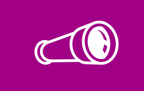 Das Symbol eines Fernglases mit weißen Konturen auf purpurnem Untergrund.