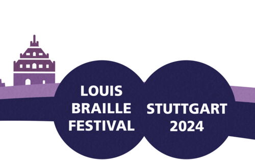 Eine graphische Darstellung der Stuttgarter Skyline mit markanten Punkten wie Fernsehturm und Mercedes Benz Arena. Auf zwei dunklen Kreisflächen steht "Louis Braille Festival - Stuttgart 2024!