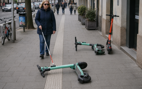 Eine Frau mit Langstock und Sonnenbrille folgt einer weißen Leitlinie, auf der ein E-Roller liegt. Am Gehwegrand befinden sich zwei weitere Roller.