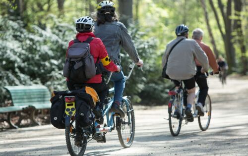 Zwei Tandems fahren hinter einander durch einen sonnigen Park. Sie sind mit Fahrradtaschen und Rucksack bepackt. Um den Arm einer Radfahrerin und hinten am Fahrrad ist die Blindenplakette beschäftigt. Sie tragen lockere Kleidung und Fahrradhelme.