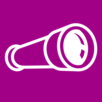 Ein weißes Fernglas als Symbol auf einem purpurnen Untergrund.