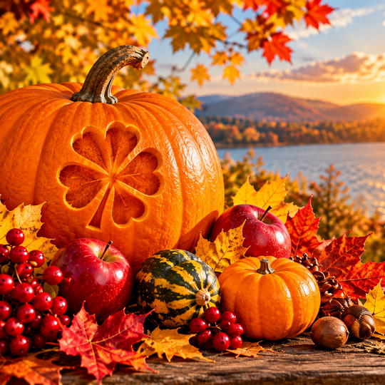 Zwischen bunten Blättern liegen verschiedene Kürbisse, in den größten Kürbis ist ein vierblättriges Kleeblatt eingeritzt. Die Farben sind kräftig und herbstlich.