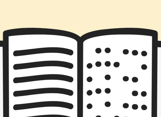 Eine stark vereinfachte Zeichnung eines Buches, auf der linken Seite deuten dicke Linien Schwarzschrift an, auf der rechten Seite stellen schwarze Punkte Brailleschrift dar.
