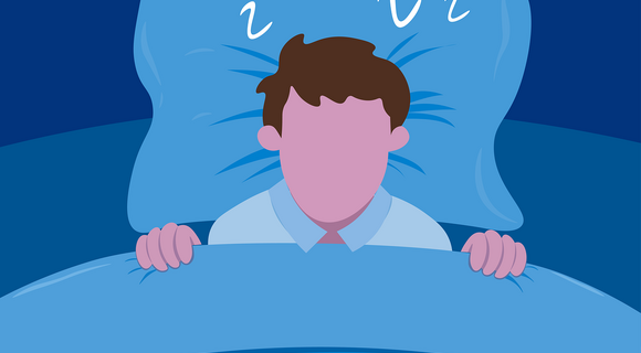 Grafik von einem schlafenden Menschen in blauen Tönen. Er liegt auf einem Kissen, die Decke ist nach oben gezogen. Über seinem Kopf verdeutlichen „zzzz“-Symbole, dass er oder sie schläft.