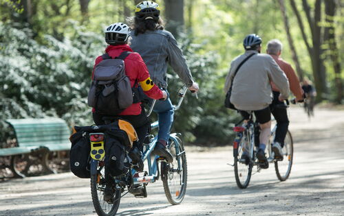 Zwei Tandems fahren hinter einander durch einen sonnigen Park. Sie sind mit Fahrradtaschen und Rucksack bepackt. Um den Arm einer Radfahrerin und hinten am Fahrrad ist die Blindenplakette beschäftigt. Sie tragen lockere Kleidung und Fahrradhelme.