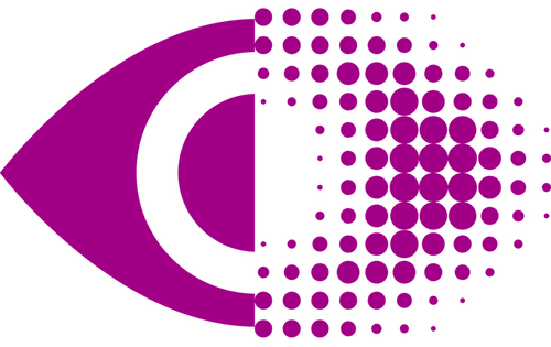 Ein purpurfarbenes Auge – halb scharf, halb unscharf und gerastert dargestellt.
