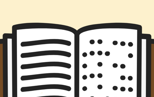 Eine stark vereinfachte Zeichnung eines Buches, auf der linken Seite deuten dicke Linien Schwarzschrift an, auf der rechten Seite stellen schwarze Punkte Brailleschrift dar.