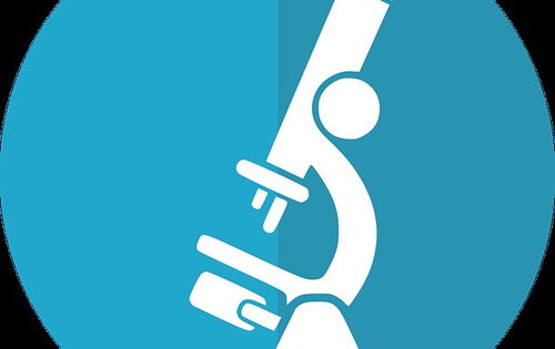 Das Bild zeigt ein stilisiertes weißes Symbol eines Mikroskops auf einem kreisförmigen, blau gefärbten Hintergrund. Das Mikroskop ist seitlich dargestellt, mit klar erkennbaren Elementen wie dem Okular und dem Fuß.