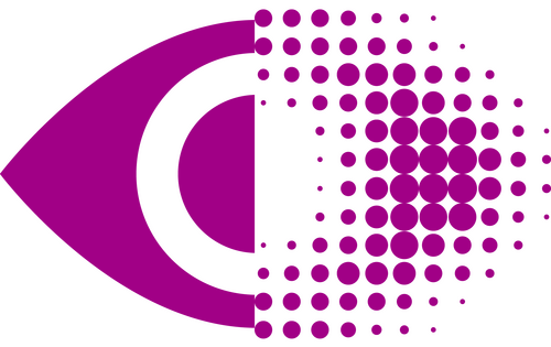 Ein purpurfarbenes Auge – halb scharf, halb unscharf und gerastert dargestellt.